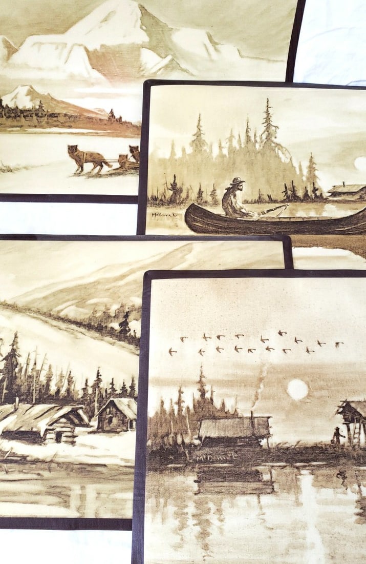 McDaniel Eskimo Originals Set of 4 Sepia Wilderness Scene plastic Placemats: these have holes in the corners from tacks but they are not very obvious.One has a small.dark mark. 17 x 12x 1in. 2kb High Estimate: 35 Low Estimate: 10