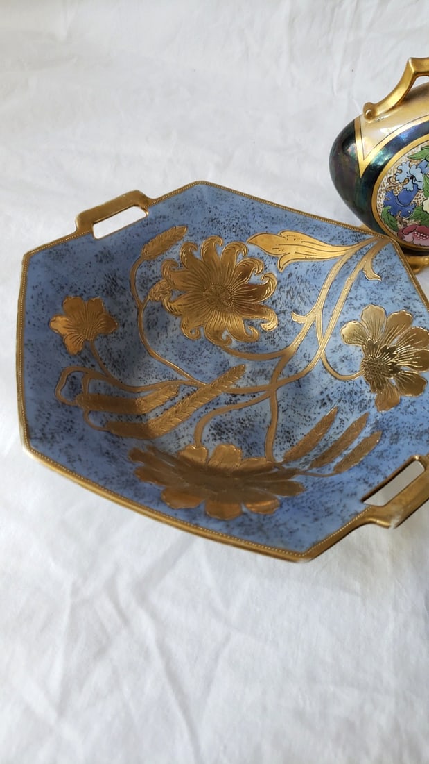 Lot of 4 Decorative Porcelain/Ceramic Pieces: Floral Tray, Handled Vase, Candle Holder, Black Flo... - 2