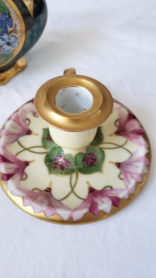 Lot of 4 Decorative Porcelain/Ceramic Pieces: Floral Tray, Handled Vase, Candle Holder, Black Flo... - 4