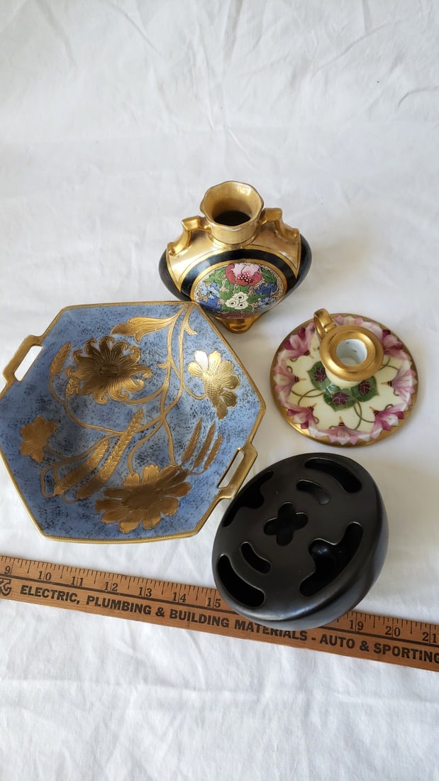 Lot of 4 Decorative Porcelain/Ceramic Pieces: Floral Tray, Handled Vase, Candle Holder, Black Flo... - 5