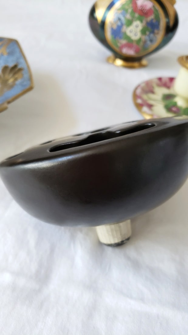Lot of 4 Decorative Porcelain/Ceramic Pieces: Floral Tray, Handled Vase, Candle Holder, Black Flo... - 9