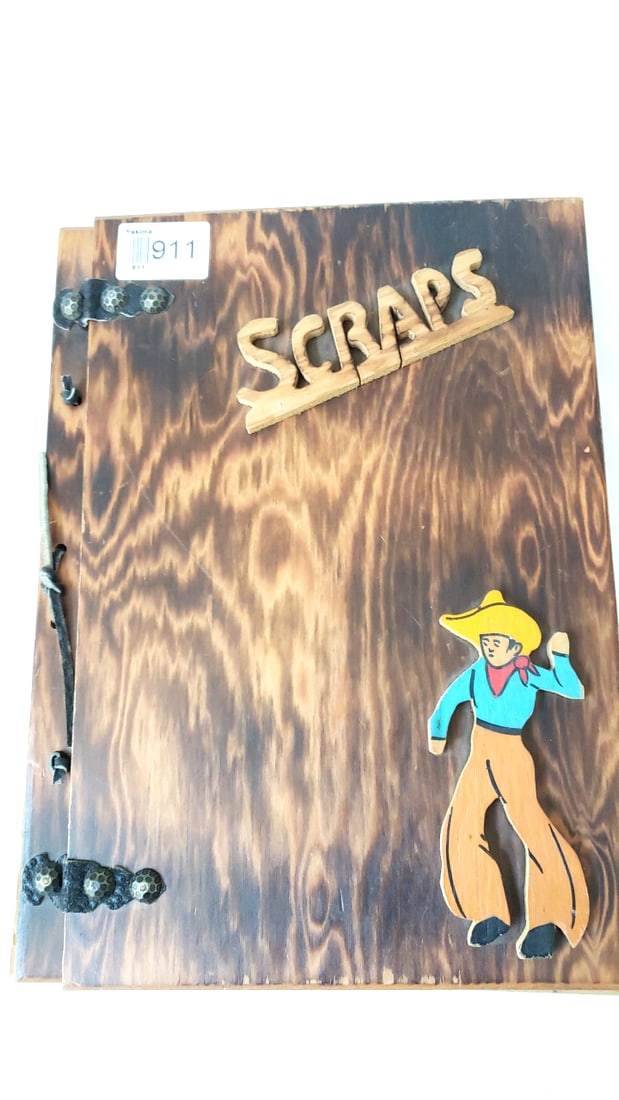 Vintage Wooden Scraps Scrapbook Album with Cowboy Cover, Menus Matchbook 1938: 1938 9 x 12 x 1.5 3.5 lb Low Estimate: 25.00 High Estimate: 125.00