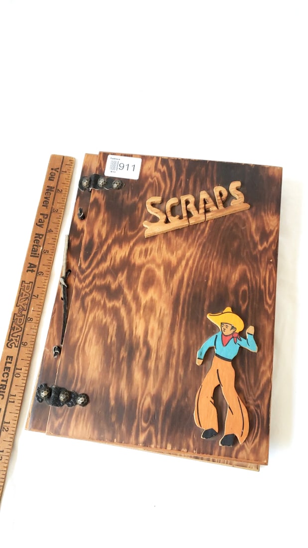 Vintage Wooden Scraps Scrapbook Album with Cowboy Cover, Menus Matchbook 1938 - 2