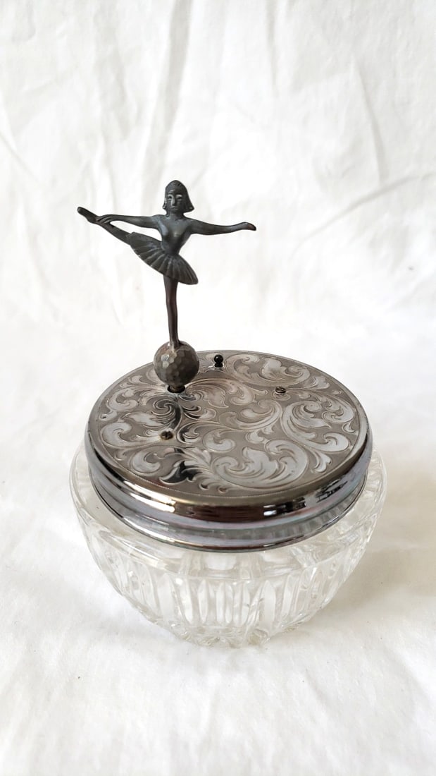 Made in West Germany Glass Vanity Jar Engraved Metal Lid Ballerina Figurine: 3.5 x 6 x 3.5 1.8 lb Low Estimate: 12.00 High Estimate: 55.00