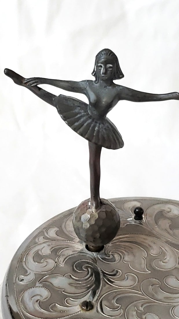 Made in West Germany Glass Vanity Jar Engraved Metal Lid Ballerina Figurine - 2