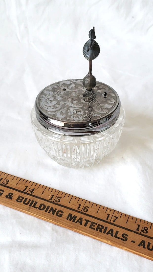 Made in West Germany Glass Vanity Jar Engraved Metal Lid Ballerina Figurine - 5