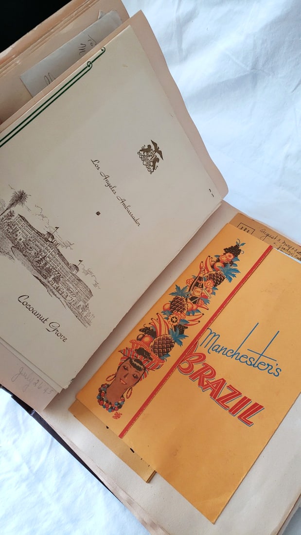 1945 WWII Era Scrapbook Album with Letters, Menus & Travel Ephemera, Tooled Leather Cover - 3