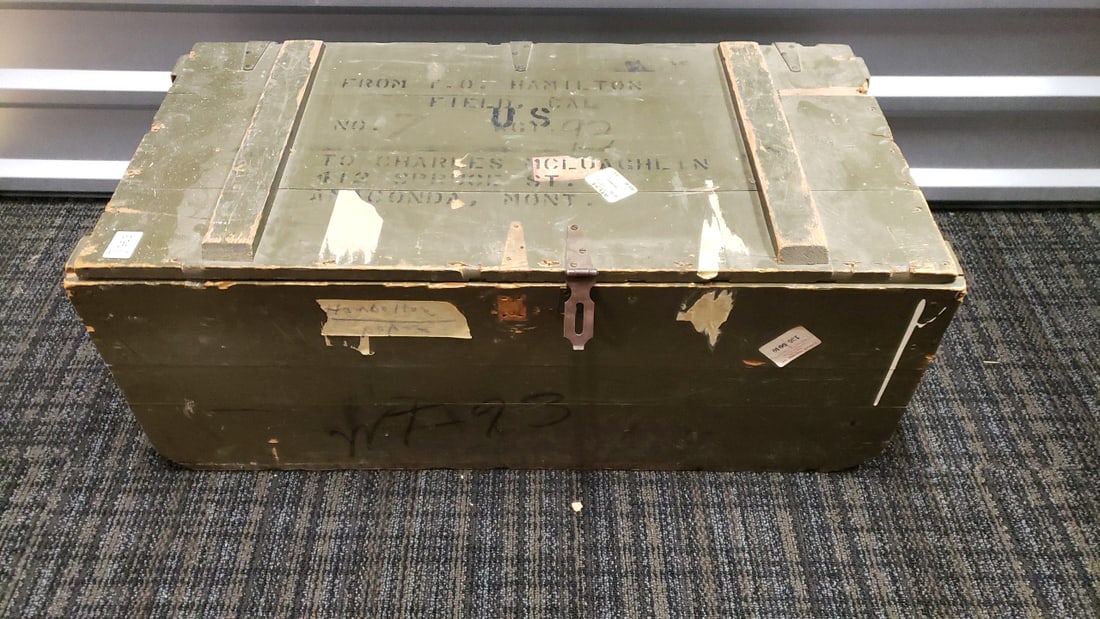 U.S. Olive Drab Wooden Footlocker Storage Chest with Metal Latch: 32 x 13 x 16 28 lb Low Estimate: 35.00 High Estimate: 100.00