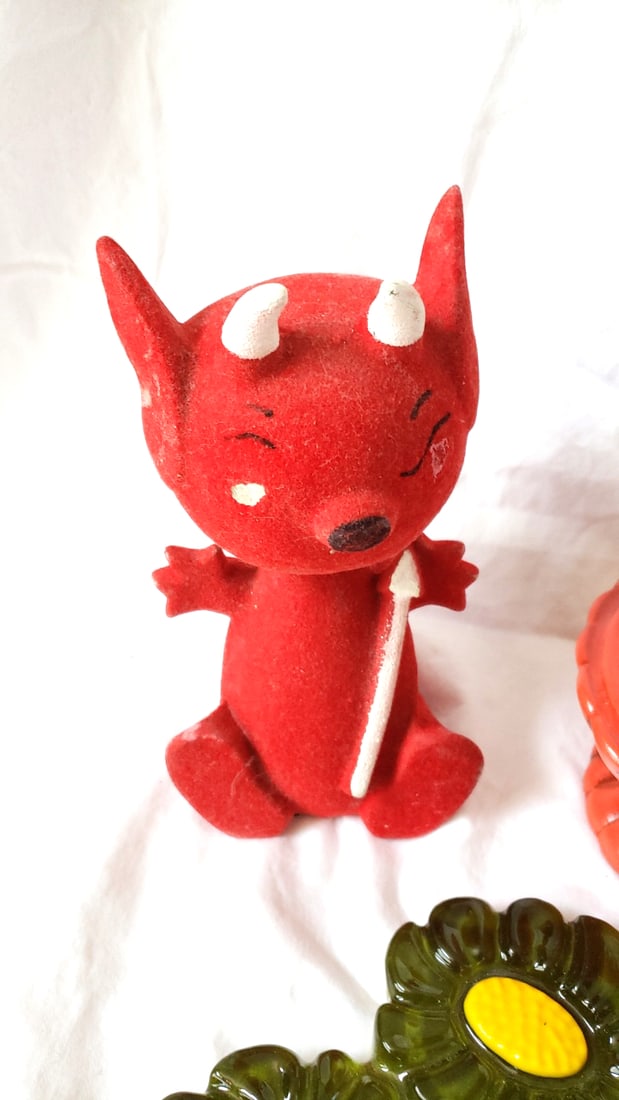 Mixed Decor Lot: Flocked Red Devil Figurine, Graduate Figurine, Orange Pedestal Bowl, Green Flowers - 3