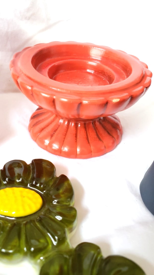 Mixed Decor Lot: Flocked Red Devil Figurine, Graduate Figurine, Orange Pedestal Bowl, Green Flowers - 4