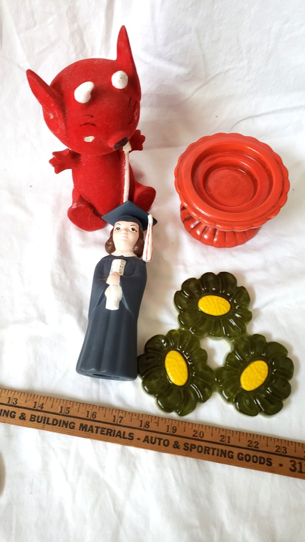 Mixed Decor Lot: Flocked Red Devil Figurine, Graduate Figurine, Orange Pedestal Bowl, Green Flowers - 5