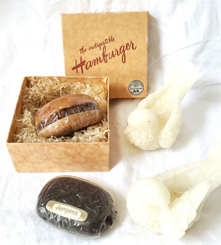 MEM The Indigestible Hamburger Pure Castile Soap Jergens Bird Candles: 10 x 7 x 4in. 2lb Low Estimate: 15.00 High Estimate: 20.00