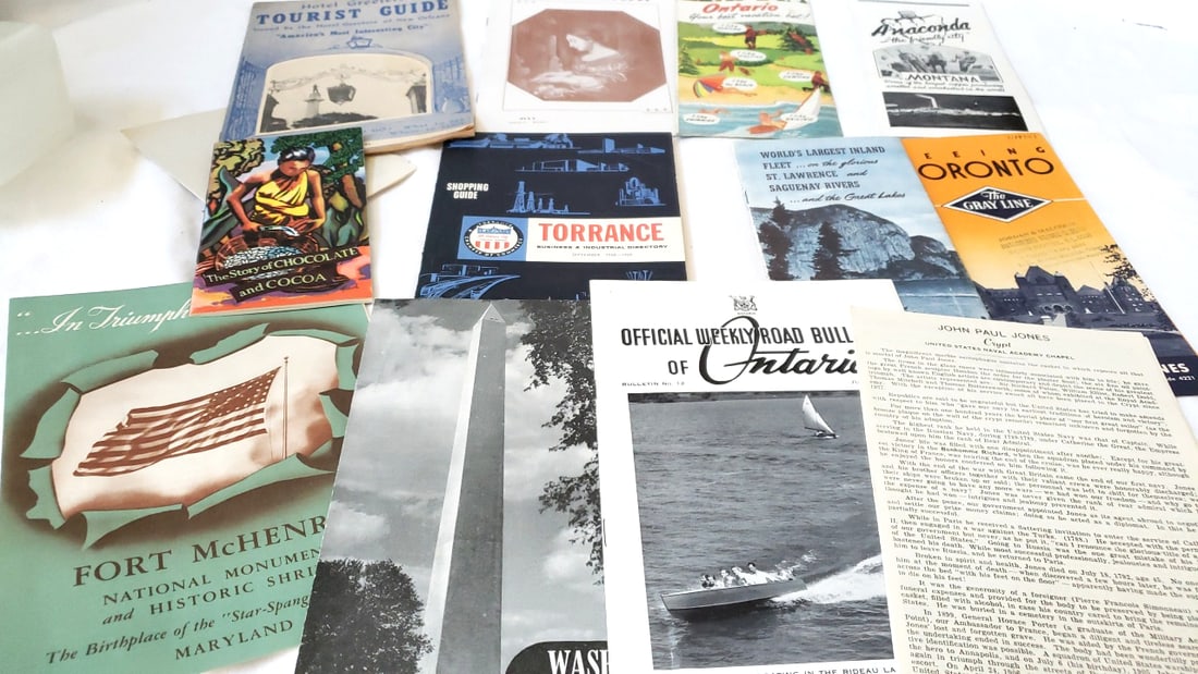 Lot of Vintage Travel Brochures Guides Ontario Toronto Anaconda Fort McHenry New Orleans Torrance: 9 x 11 x 0.75 1.2 lb Low Estimate: 10.00 High Estimate: 35.00