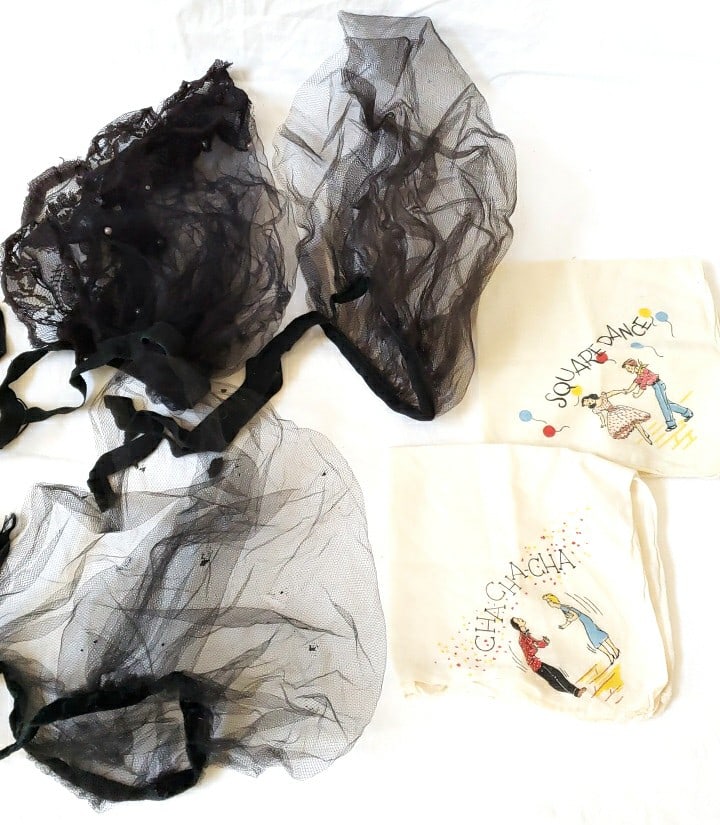 Black Mesh Lace Hair Snoods Lot with Square Dance and Cha Cha Hankies: Hats have some tiny holes. 9 x 6 x 3in. 1lb Low Estimate: 7.00 High Estimate: 25.00