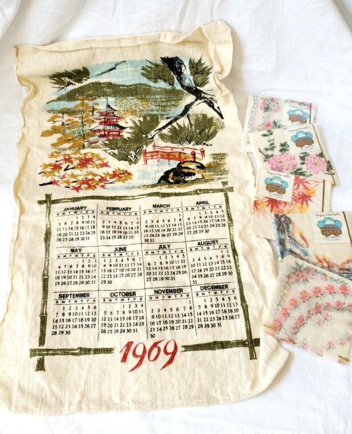1969 Japanese Calendar Tea Towel and Tengujyo Serviettes: 8 x 7 x 2in. 1lb Low Estimate: 8.00 High Estimate: 40.00