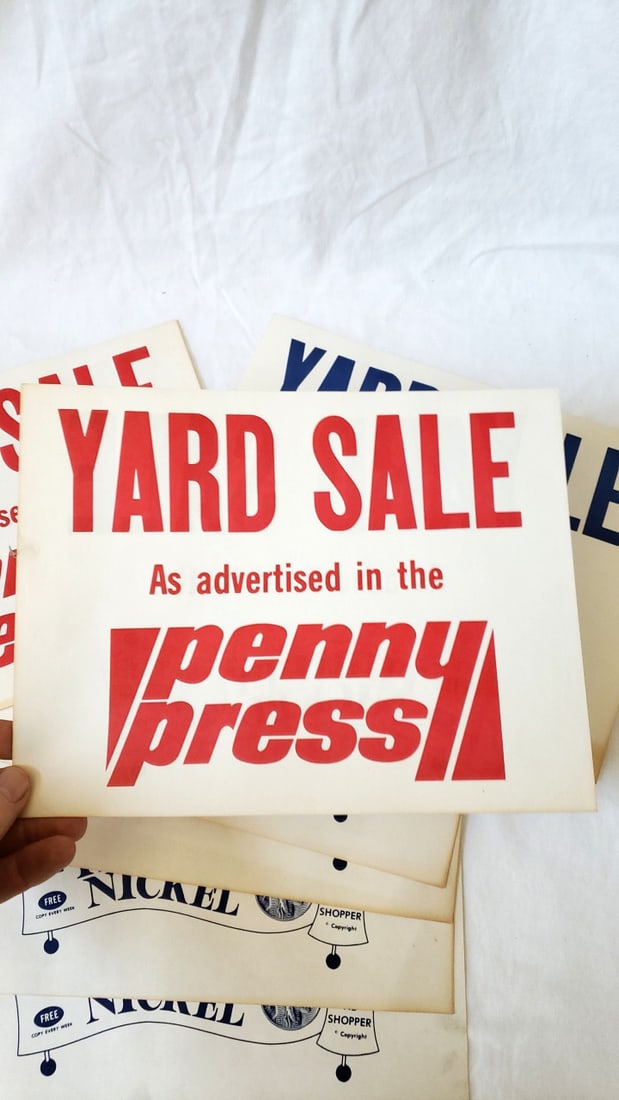 Penny Press & The Thrifty Nickel Yard Sale Advertising Signs Red Blue Lot - 2
