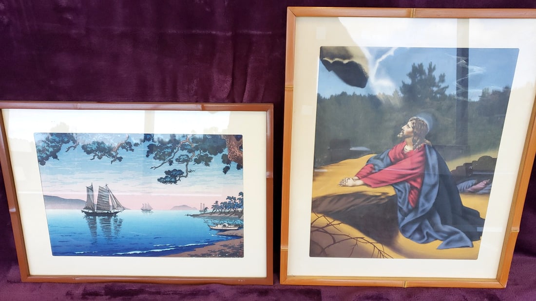 Pair of Framed Prints: Jesus Praying and Sailboat Seascape, Bamboo-Style Frames: 24 x 24 x 2 10 lb Low Estimate: 10.00 High Estimate: 40.00