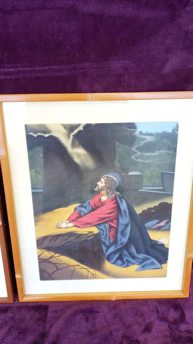 Pair of Framed Prints: Jesus Praying and Sailboat Seascape, Bamboo-Style Frames - 2