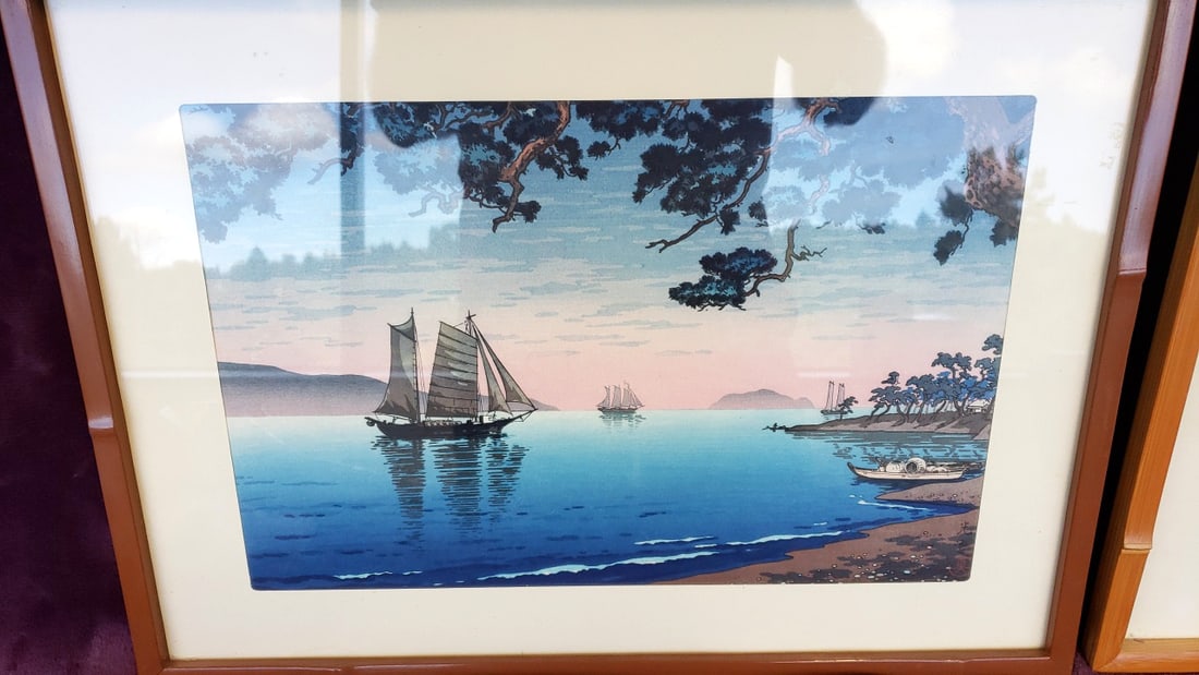 Pair of Framed Prints: Jesus Praying and Sailboat Seascape, Bamboo-Style Frames - 3