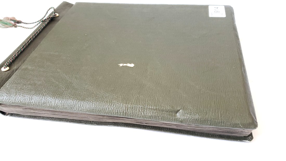 Large photo album military, small town, sweethearts 1940s: 11 x 13 x 1.75 4 lb Low Estimate: 30.00 High Estimate: 200.00