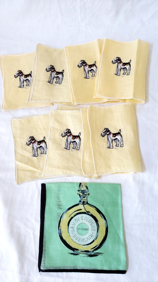 Guerlain Mitsouko Perfume Handkerchief, Terrier Dog Hankies: 2 dog hankies appear newer. 6 x 6 x 1in. 1lb Low Estimate: 10.00 High Estimate: 75.00