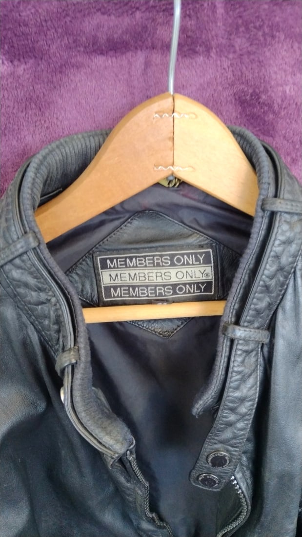Members Only Black Leather Bomber Jacket with Epaulets - 2