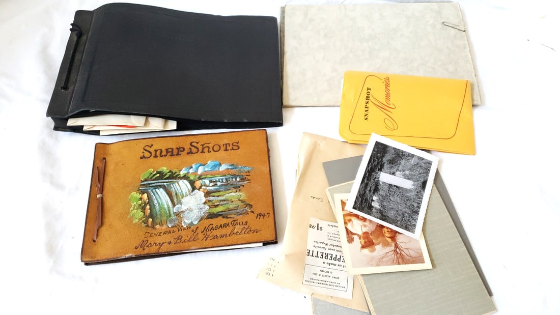 Vintage Snapshot Photo Albums Lot with Niagara Falls 1947 & Family Photographs: 15 x 12 x 4 6 lb Low Estimate: 15.00 High Estimate: 75.00