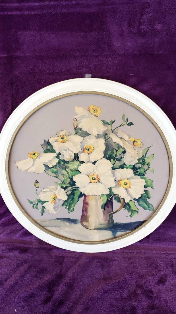 Round Framed Floral Watercolor Print, White Flowers in Pitcher, White Frame: 16 x 16 x 1 2.5 lb Low Estimate: 8.00 High Estimate: 25.00