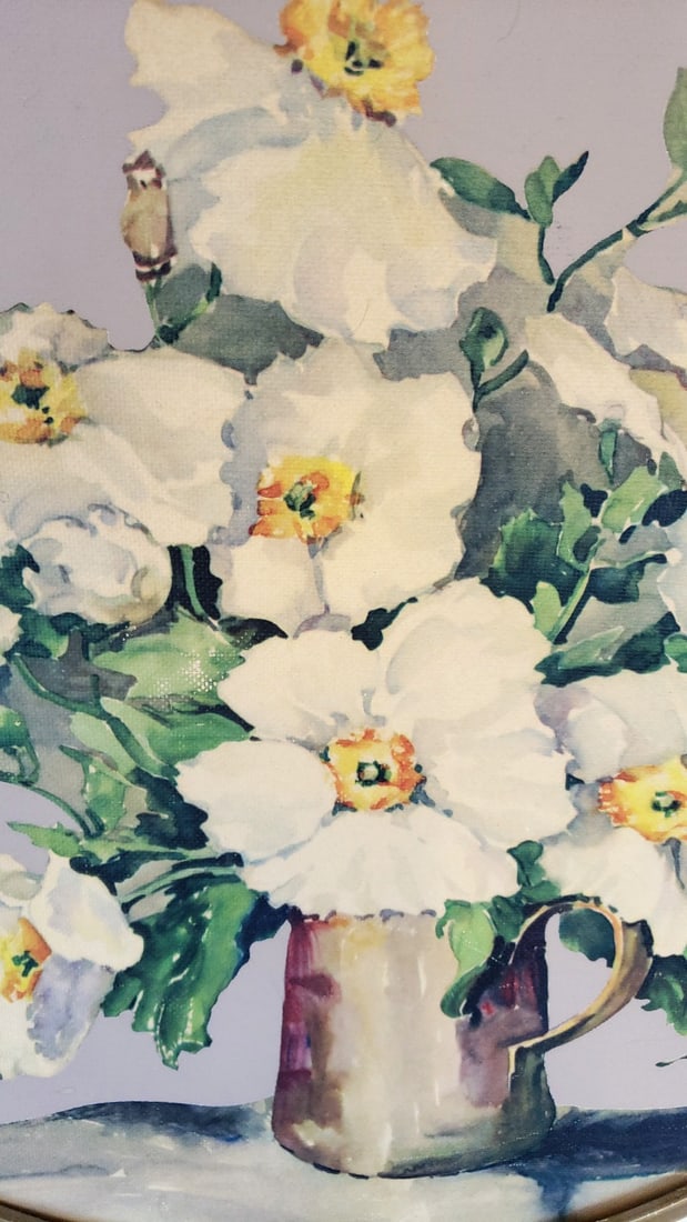 Round Framed Floral Watercolor Print, White Flowers in Pitcher, White Frame - 2