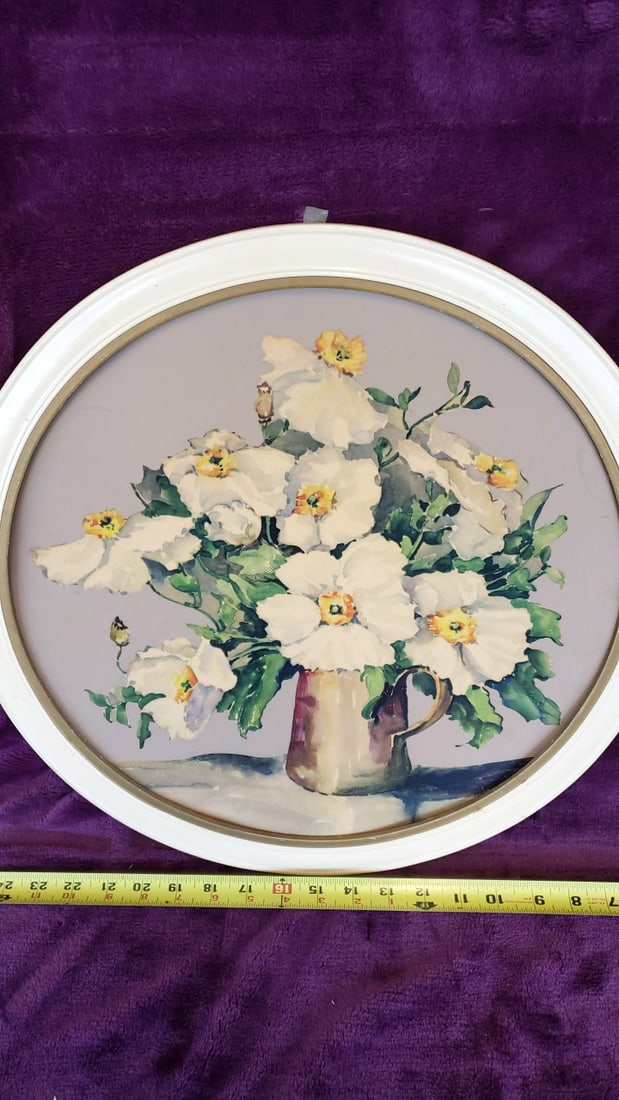 Round Framed Floral Watercolor Print, White Flowers in Pitcher, White Frame - 3