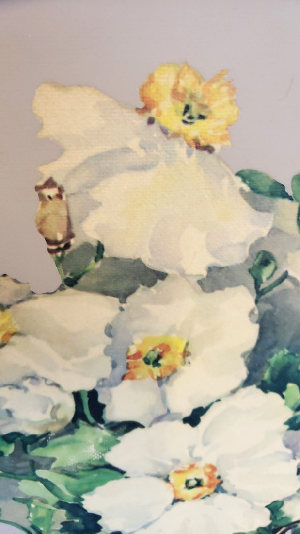 Round Framed Floral Watercolor Print, White Flowers in Pitcher, White Frame - 4