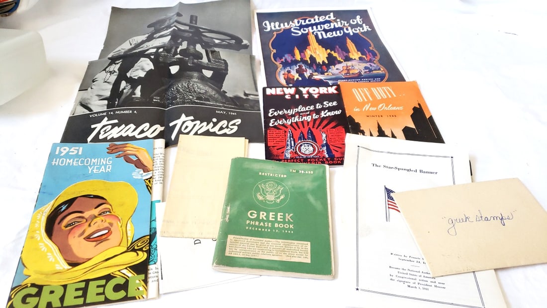 Vintage Ephemera Lot: Texaco Topics May 1945, Greek Phrase Book 1943, NYC & New Orleans Travel Gu...: 10.5 x 14 x 1.2 1.8 lb Low Estimate: 15.00 High Estimate: 65.00