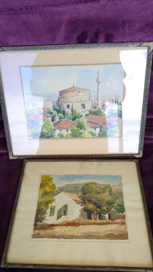 Pair of Framed Watercolor Paintings, Mosque Minaret Cityscape and Rural House Landscape: 14 x 10 x 1.5 3 lb Low Estimate: 25.00 High Estimate: 120.00