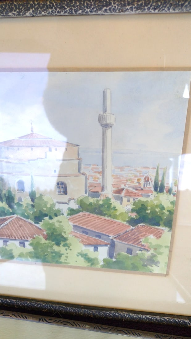 Pair of Framed Watercolor Paintings, Mosque Minaret Cityscape and Rural House Landscape - 2