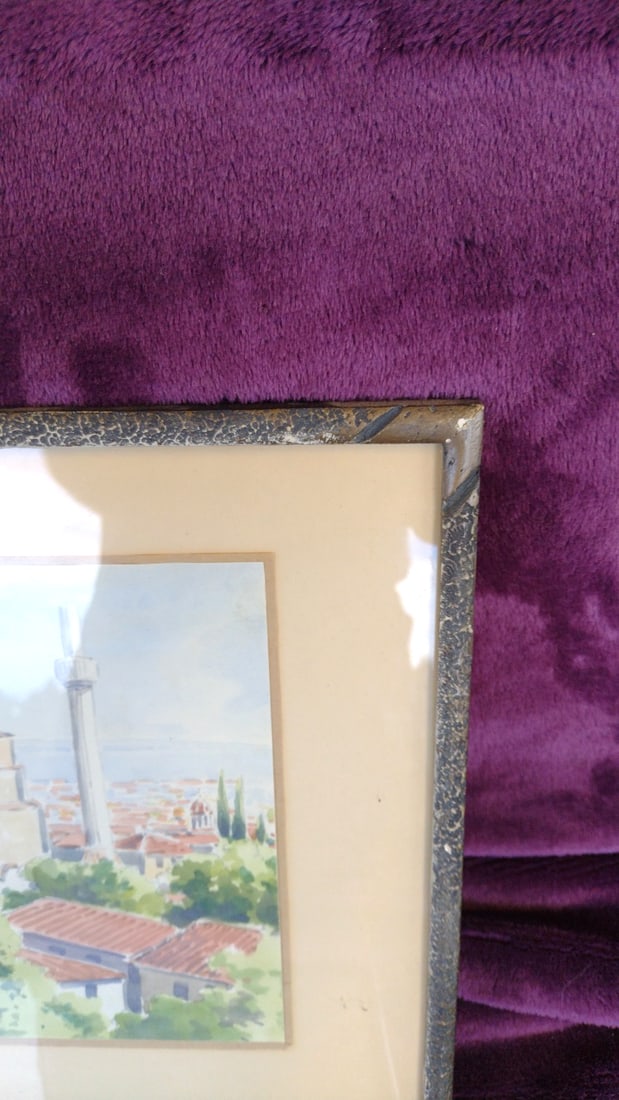 Pair of Framed Watercolor Paintings, Mosque Minaret Cityscape and Rural House Landscape - 3