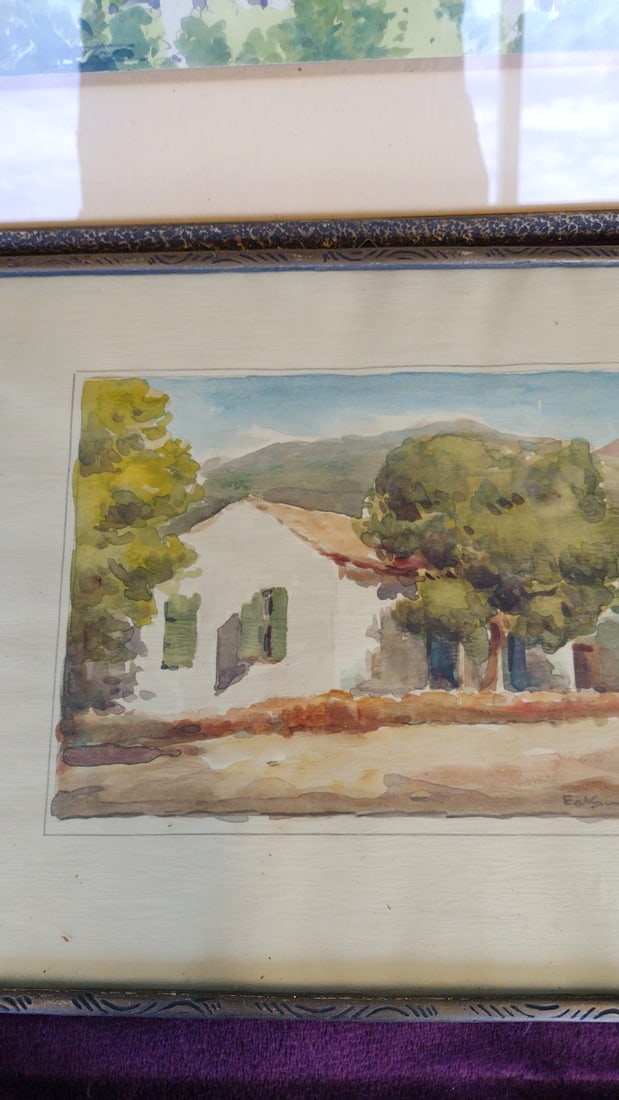 Pair of Framed Watercolor Paintings, Mosque Minaret Cityscape and Rural House Landscape - 4