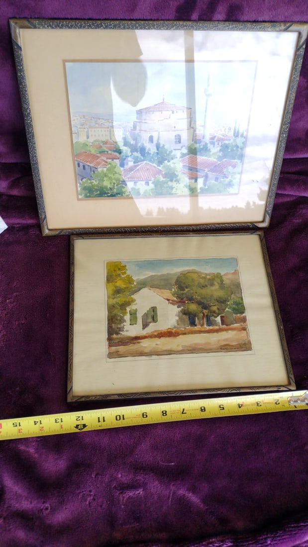 Pair of Framed Watercolor Paintings, Mosque Minaret Cityscape and Rural House Landscape - 5