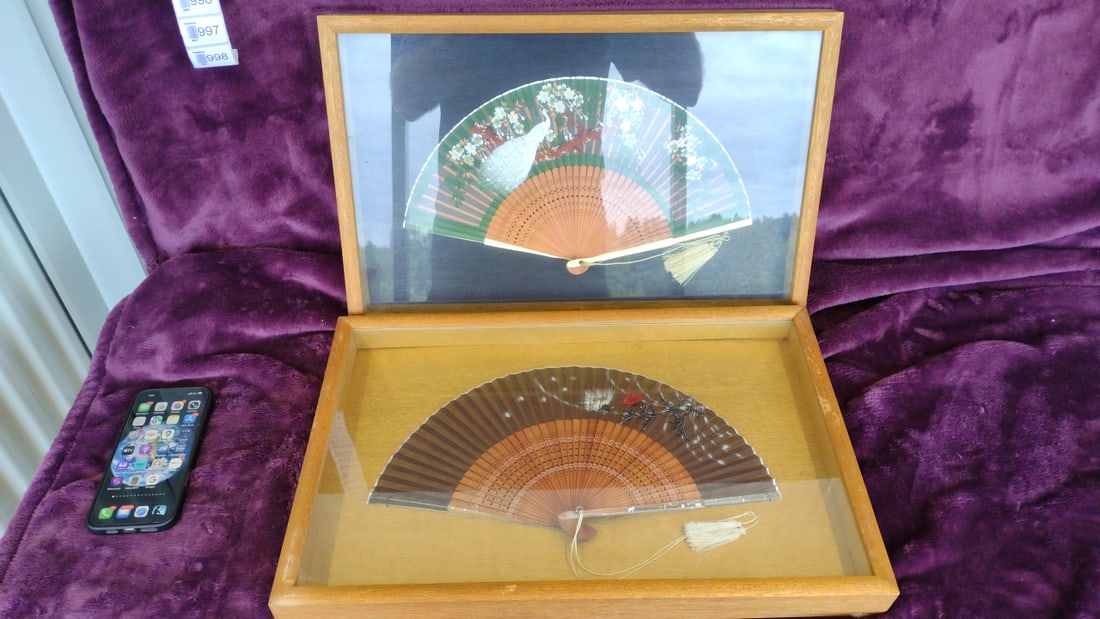 Two Decorative Folding Hand Fans in Wooden Glass Display Case, Floral Bird Motifs: 19 x 13 x 11 7 lb Low Estimate: 20.00 High Estimate: 75.00