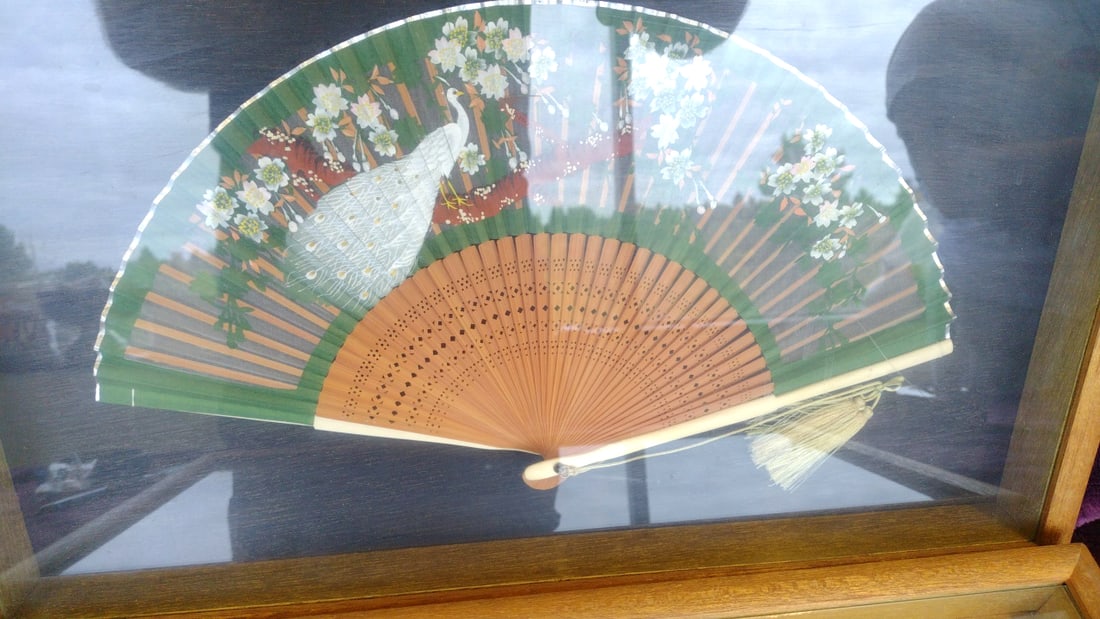 Two Decorative Folding Hand Fans in Wooden Glass Display Case, Floral Bird Motifs - 2