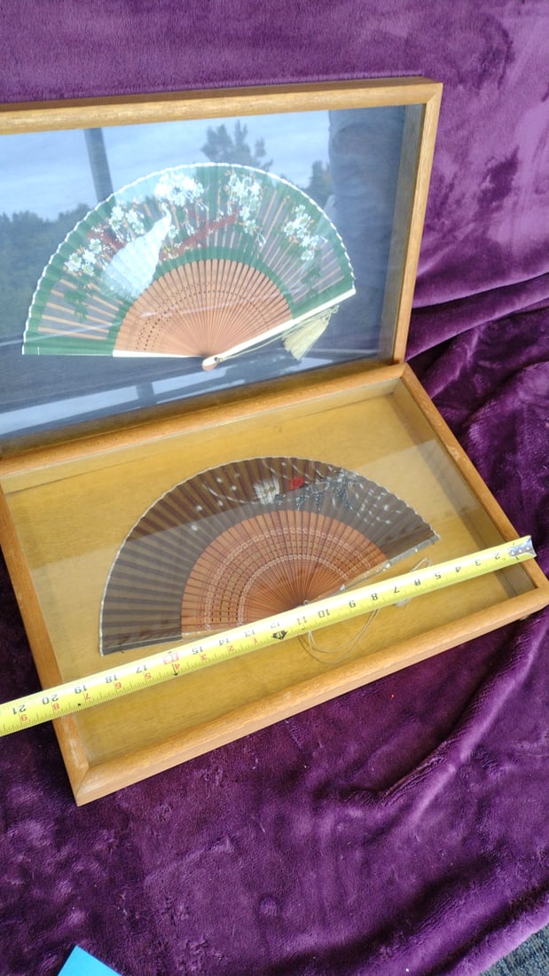 Two Decorative Folding Hand Fans in Wooden Glass Display Case, Floral Bird Motifs - 4