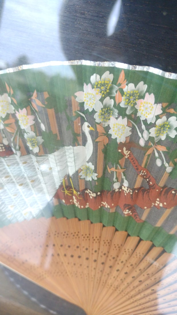 Two Decorative Folding Hand Fans in Wooden Glass Display Case, Floral Bird Motifs - 6