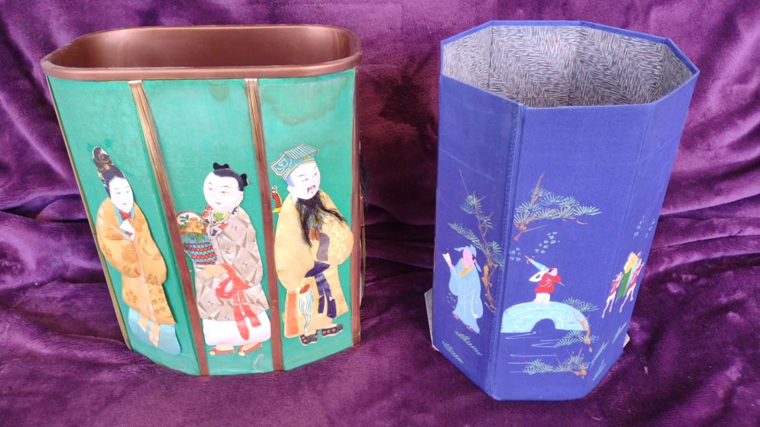 Decorative Green Wastebasket with Asian Figure Panels and Blue Folding: 11 x 13 x 8 2 lb Low Estimate: 8.00 High Estimate: 60.00