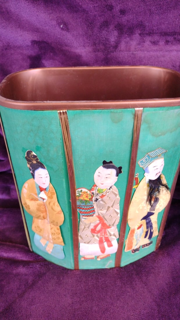 Decorative Green Wastebasket with Asian Figure Panels and Blue Folding - 2