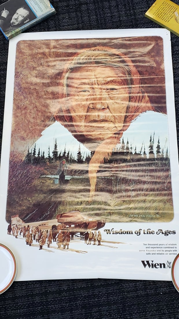 Wien Air Alaska "Wisdom of the Ages" Jon Van Zyle 1980 Airline Poster: 24 x 36 x 0.02 0.2 lb Low Estimate: 40.00 High Estimate: 250.00