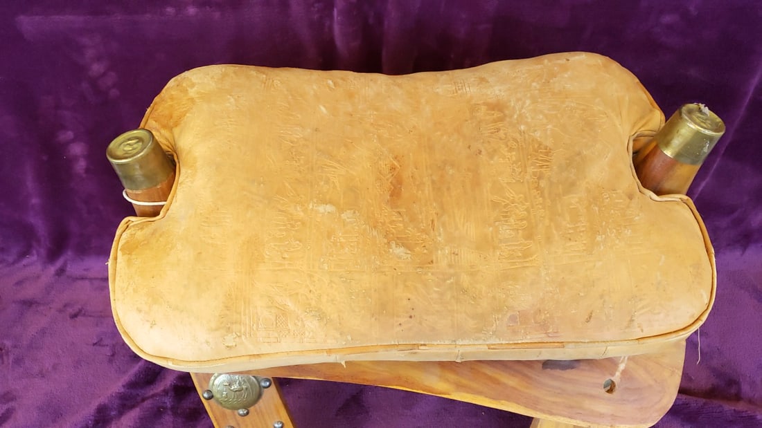 Wood and Leather Camel Saddle Stool with Brass Caps and Medallions - 2