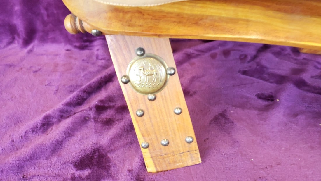 Wood and Leather Camel Saddle Stool with Brass Caps and Medallions - 3