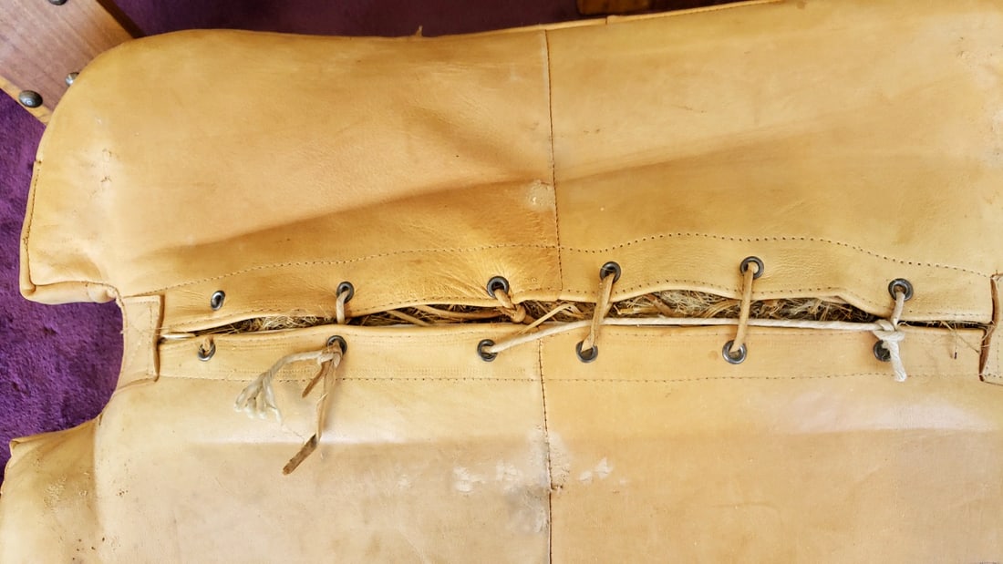 Wood and Leather Camel Saddle Stool with Brass Caps and Medallions - 7