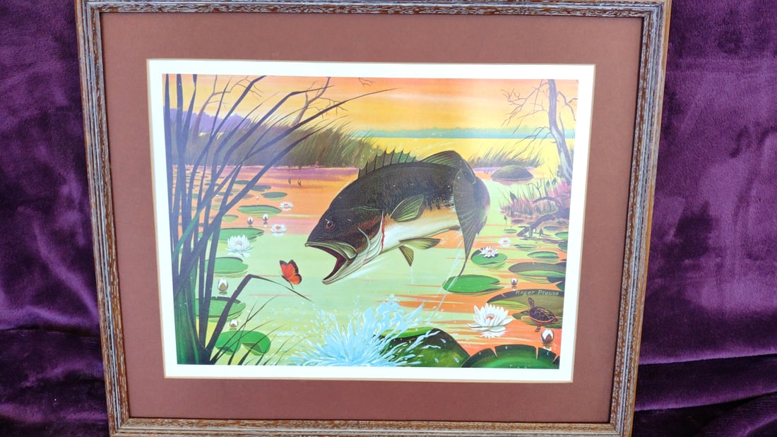 Roger Preuss Signed Framed Largemouth Bass Lily Pond Wildlife Print: 20 x 16 x 1 4.5 lb Low Estimate: 25.00 High Estimate: 125.00