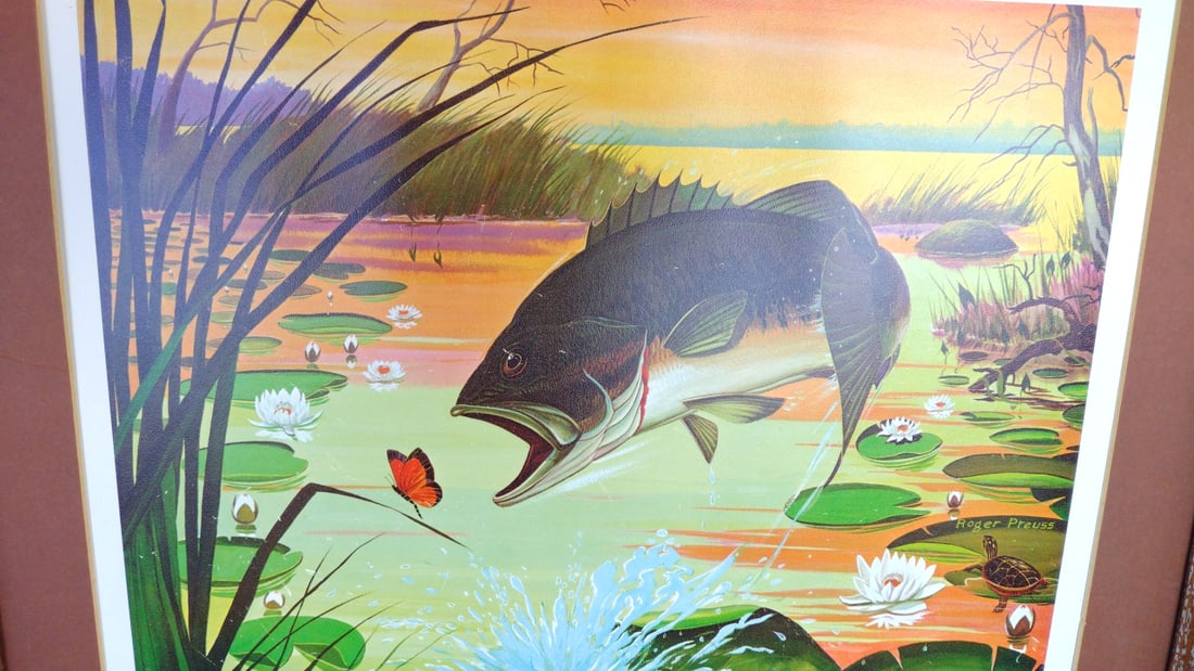 Roger Preuss Signed Framed Largemouth Bass Lily Pond Wildlife Print - 2