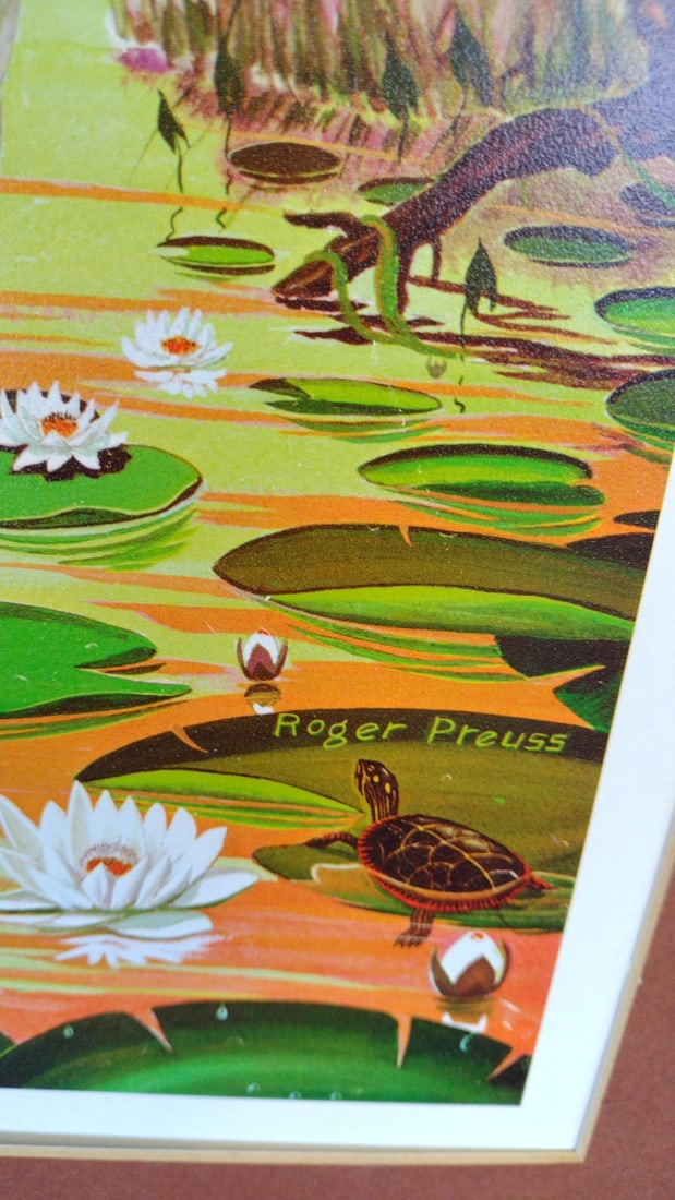 Roger Preuss Signed Framed Largemouth Bass Lily Pond Wildlife Print - 3